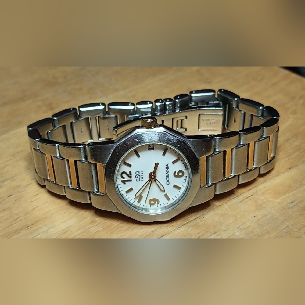 Esquire Swiss watch silver case white dial gold hour markers two tone ss band